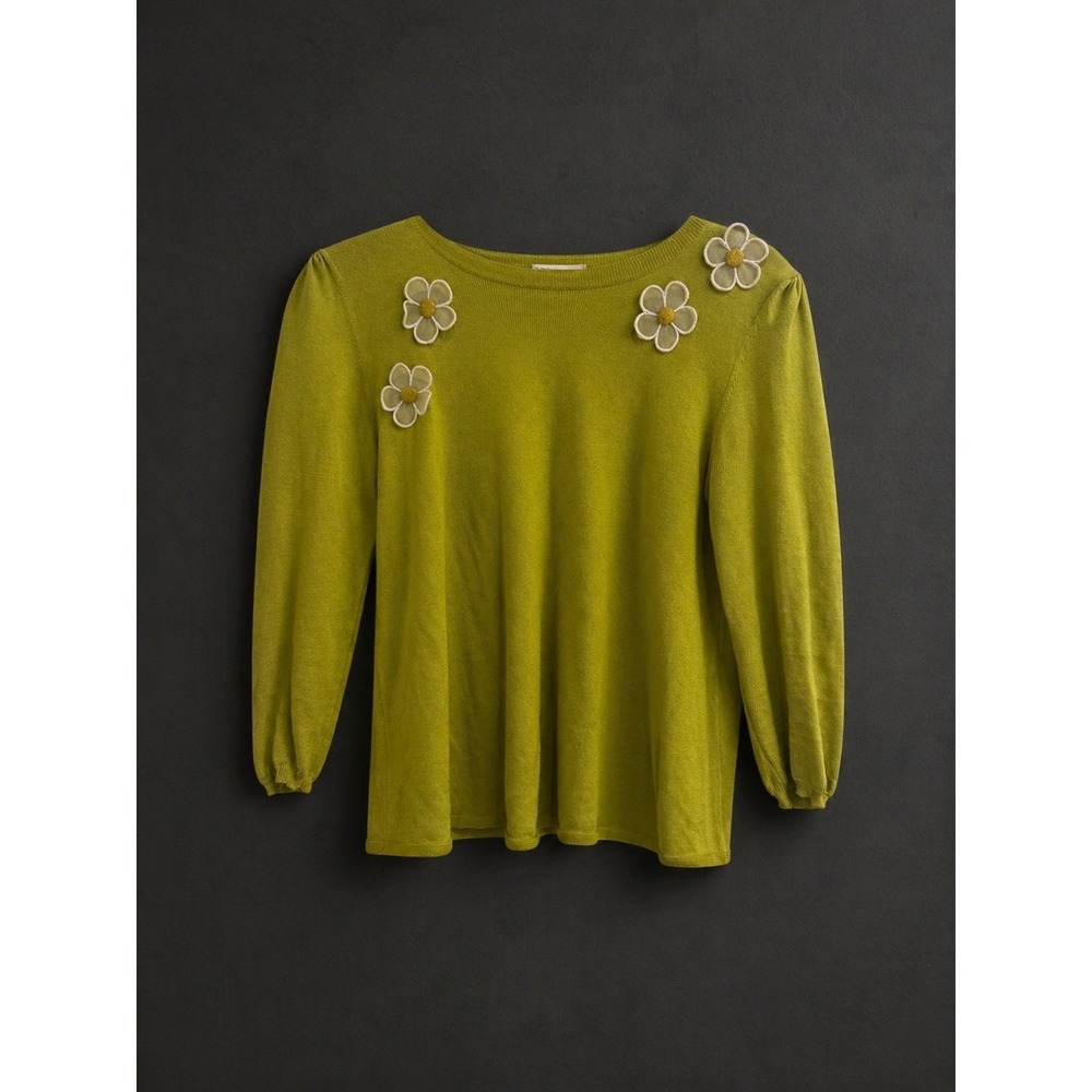 RED Valentino Chartreuse Daisy Applique Fine Knit Top Small Rare Y2K Romantic